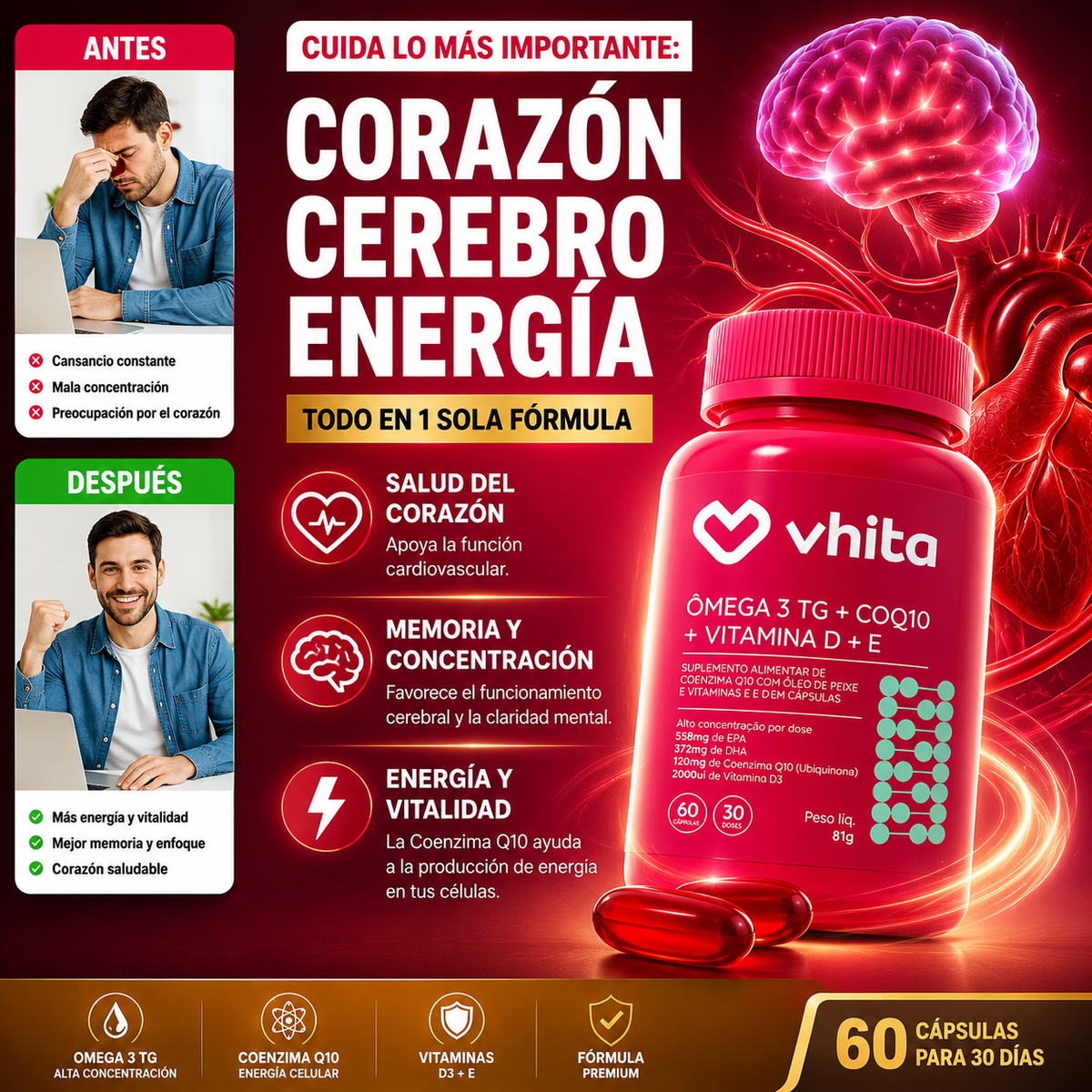 Vhita Omega 3 TG - Apoya la Salud del Corazón, Memoria y Energía