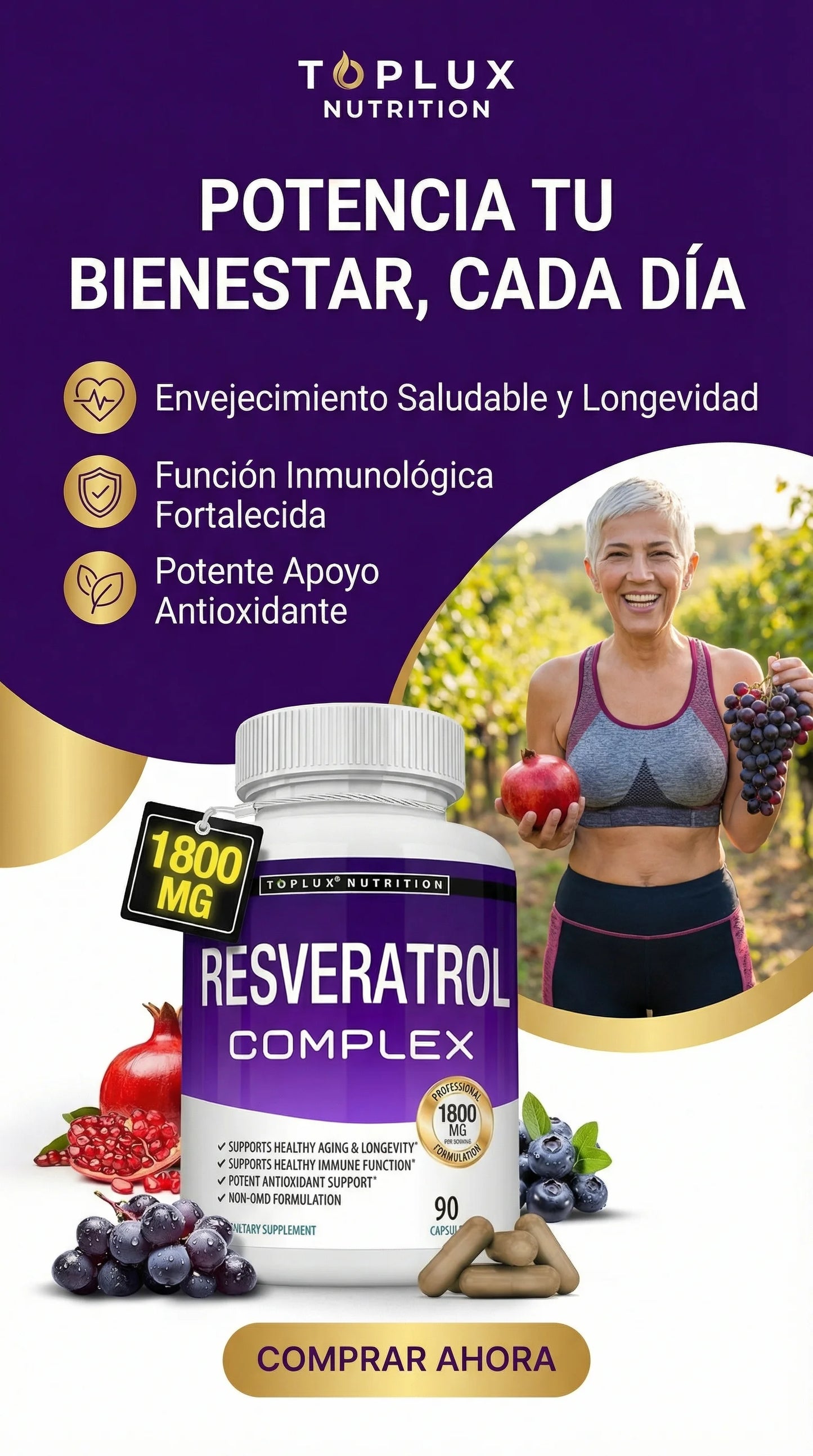 Resveratrol Complex 1800 mg – Fórmula Antienvejecimiento y Sistema Inmunológico