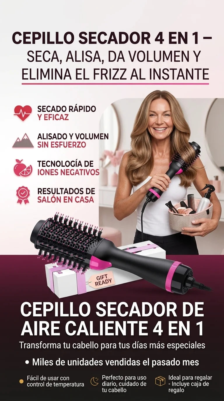 Cepillo Secador 4 en 1 – Seca, Alisa, Da Volumen y Elimina el Frizz al Instante