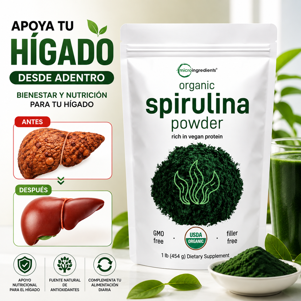 Espirulina Orgánica en Polvo | Apoyo Natural para tu Bienestar y Hígado/ PACK 2 por 99,90