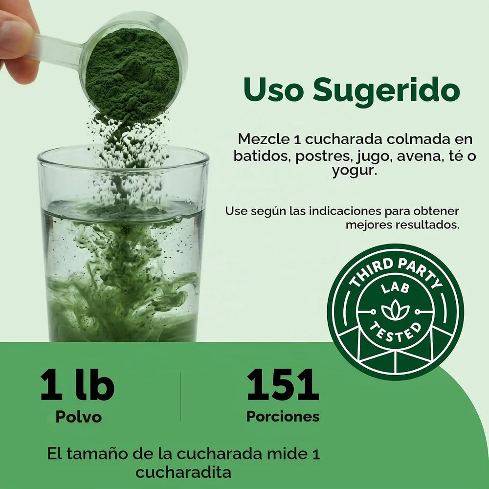 Spirulina orgánica en polvo — energía natural y hierro para combatir el cansancio