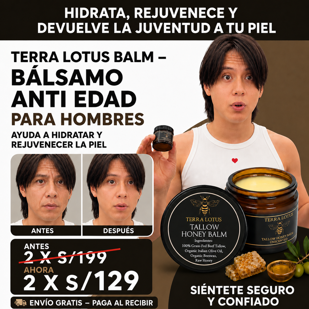 Oferta 2x1  Bálsamo Anti Edad para Hombres, Ayuda a Hidratar y Rejuvenecer la Piel