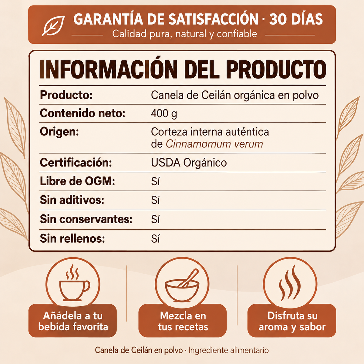 Canela de Ceilán Orgánica 100% Corteza Interna de Sri Lanka