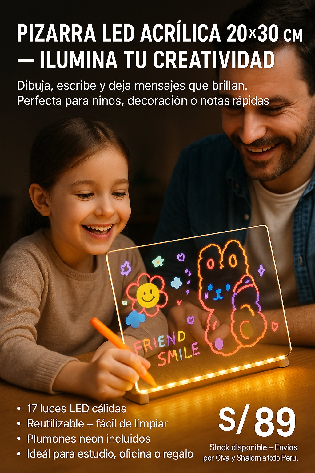 Pizarra Acrílica LED Infantil — Luz Cálida + Marcadores Fluorescentes