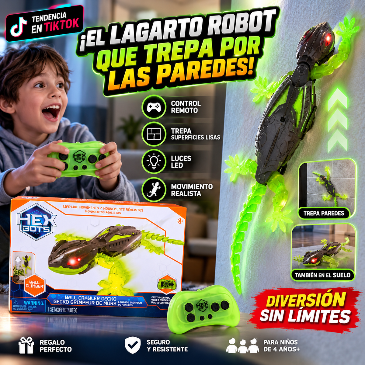 Lagarto Robot Trepador Wall Crawler con Control Remoto y Luces LED