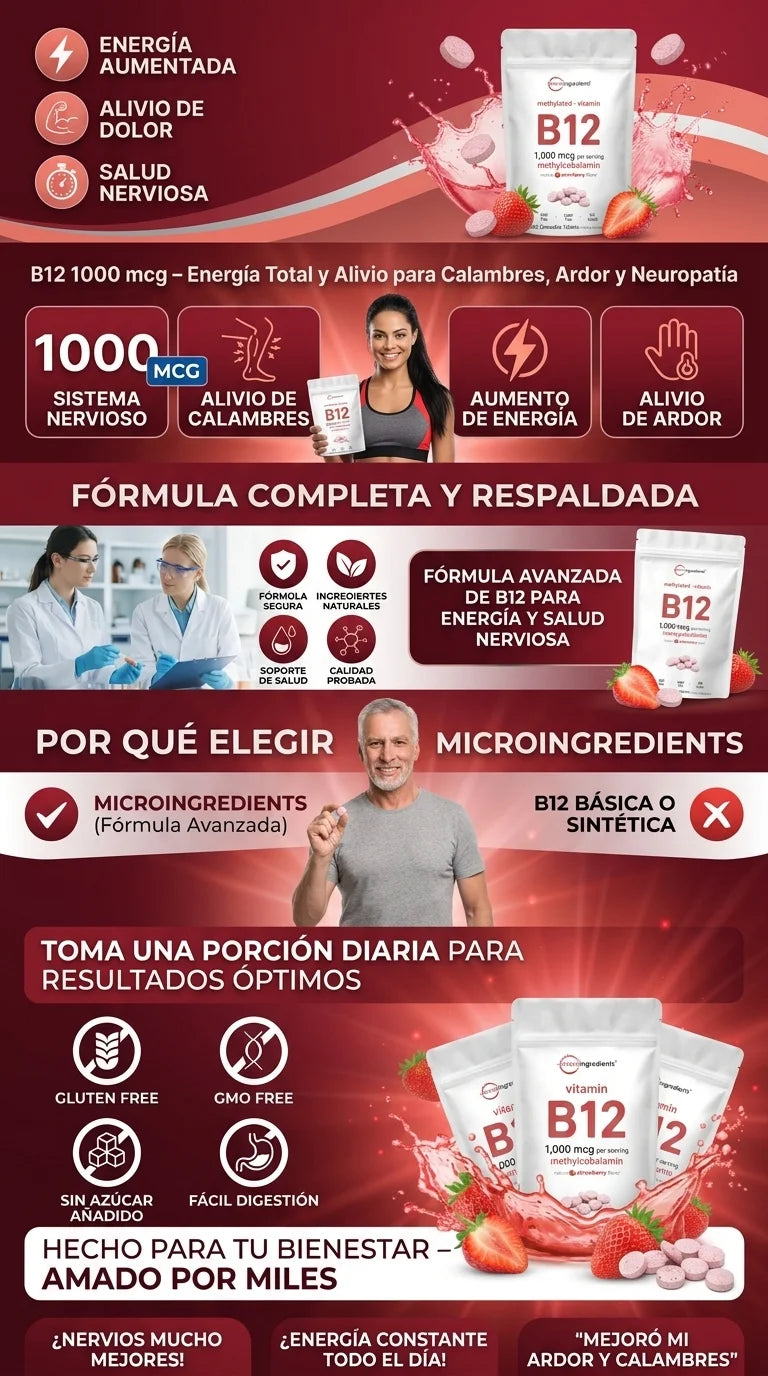 B12 1000 mcg – Energía Total y Alivio para Calambres, Ardor y Neuropatía