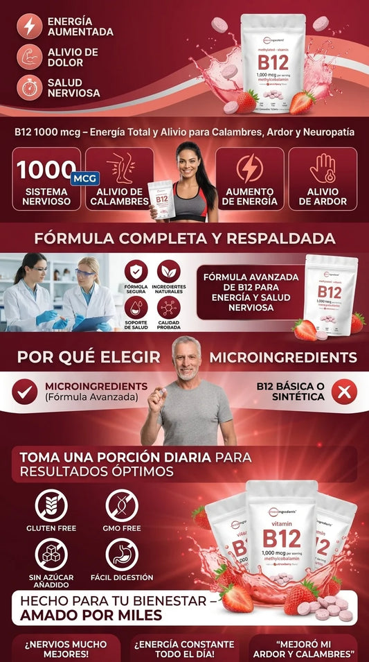 B12 1000 mcg – Energía Total y Alivio para Calambres, Ardor y Neuropatía
