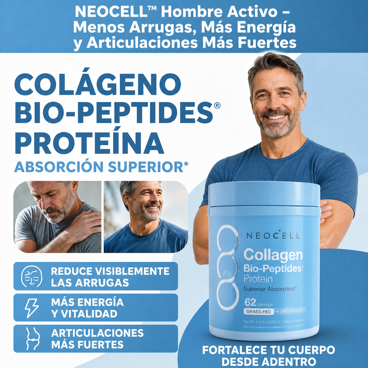 NEOCELL™ Hombre Activo – Menos Arrugas, Más Energía y Articulaciones Más Fuertes PAGA 1 LLEVA 2