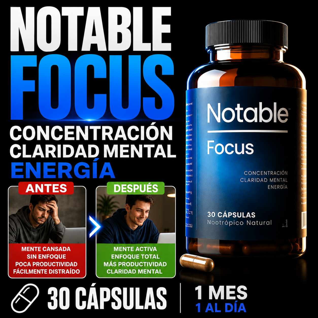 Notable Focus® | Fórmula Premium para Concentración, Claridad Mental y Energía